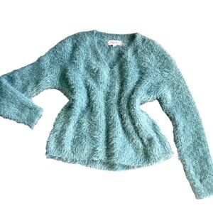 Fuzzy Soft Cozy V-Neck Pullover Sweater Teal Green Sz L by Pink Rose #270i